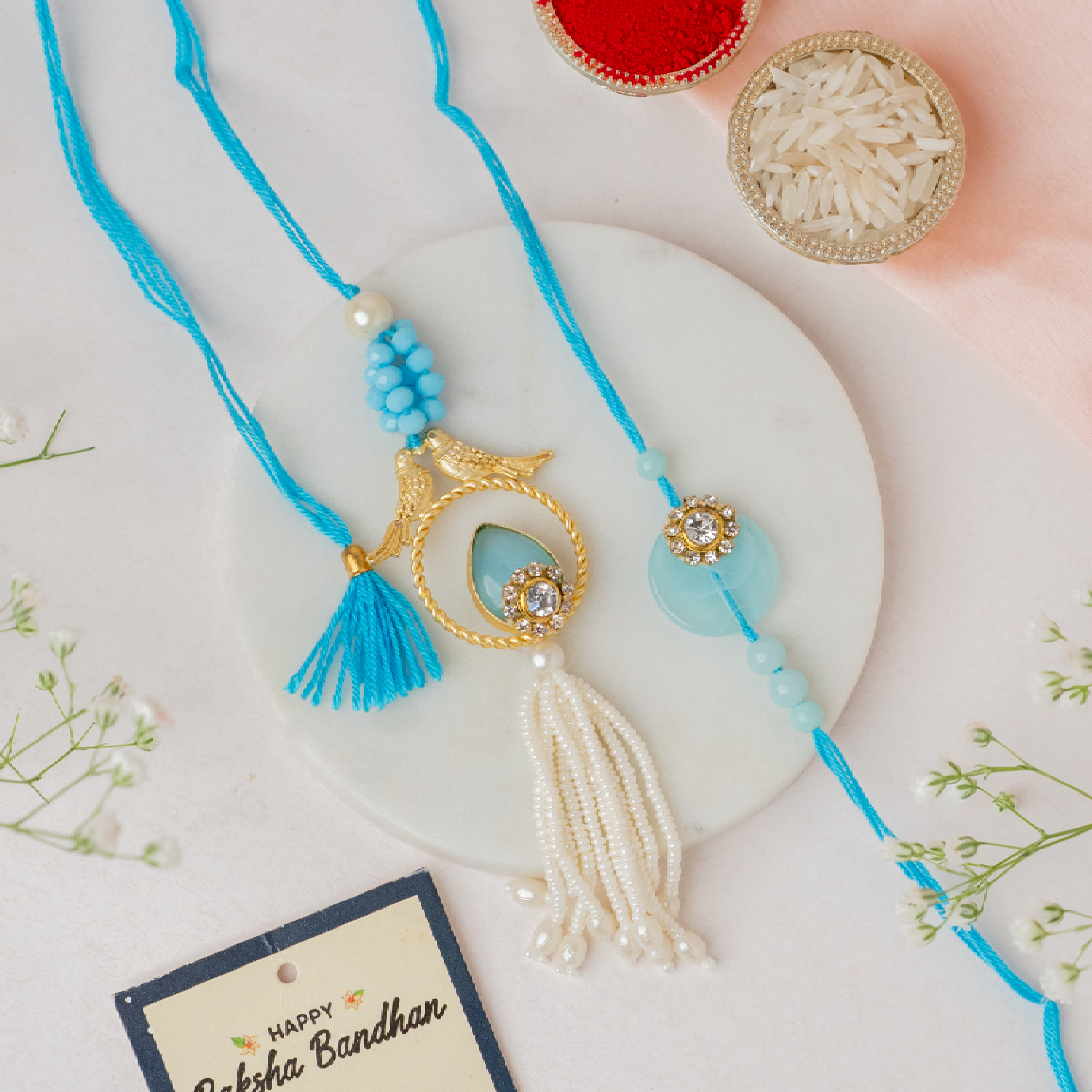 Blue Zircon Rakhi & Dodha Barfi